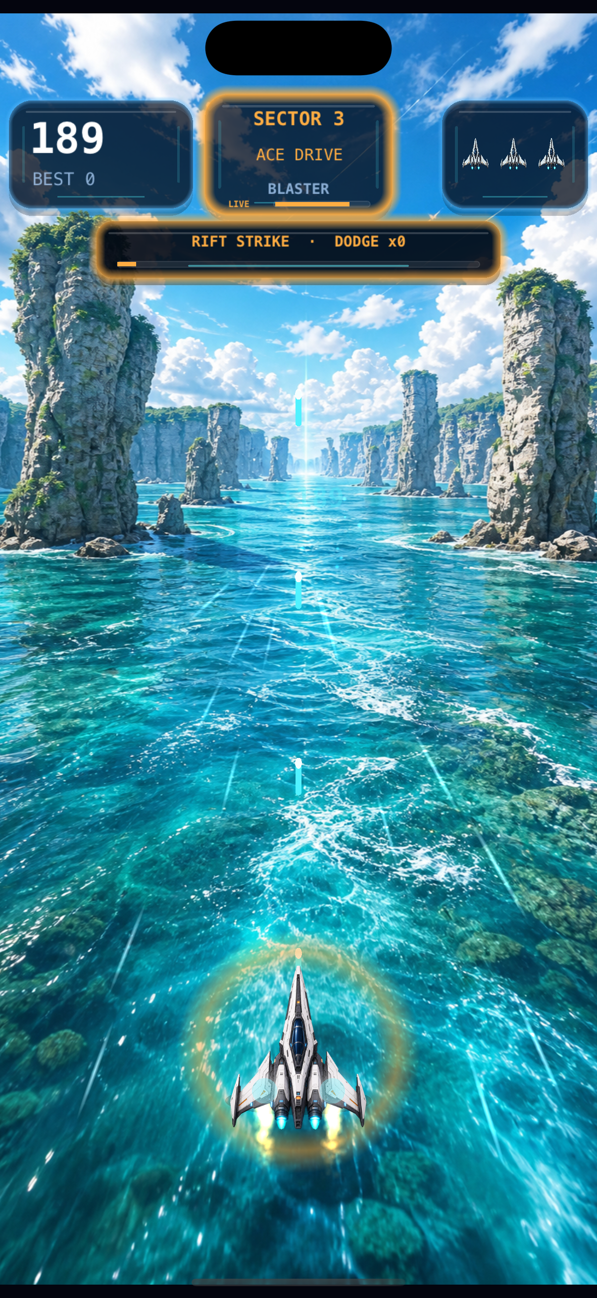 Starflight X ship flying through a bright ocean rift